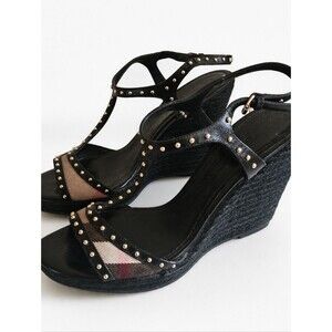 Burberry Beige/Black Check Leather and Canvas Espadrille Wedge Sandals Size 39.5